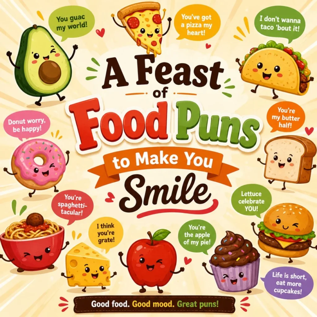 Cute cartoon food characters with funny food puns, including pizza, avocado, donut, taco, burger, and apple, on a colourful poster.