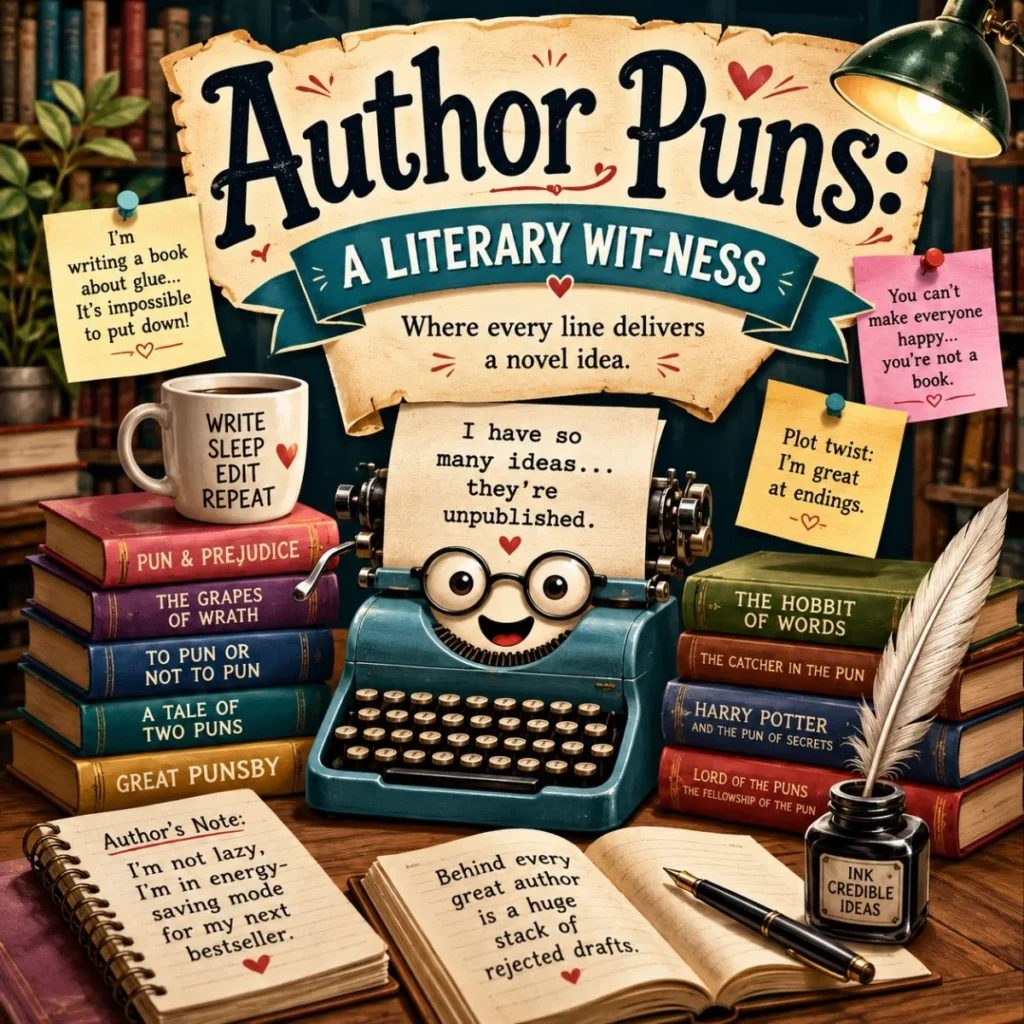 Whimsical author puns poster with smiling typewriter, punny books, and literary jokes in a cozy library setting.