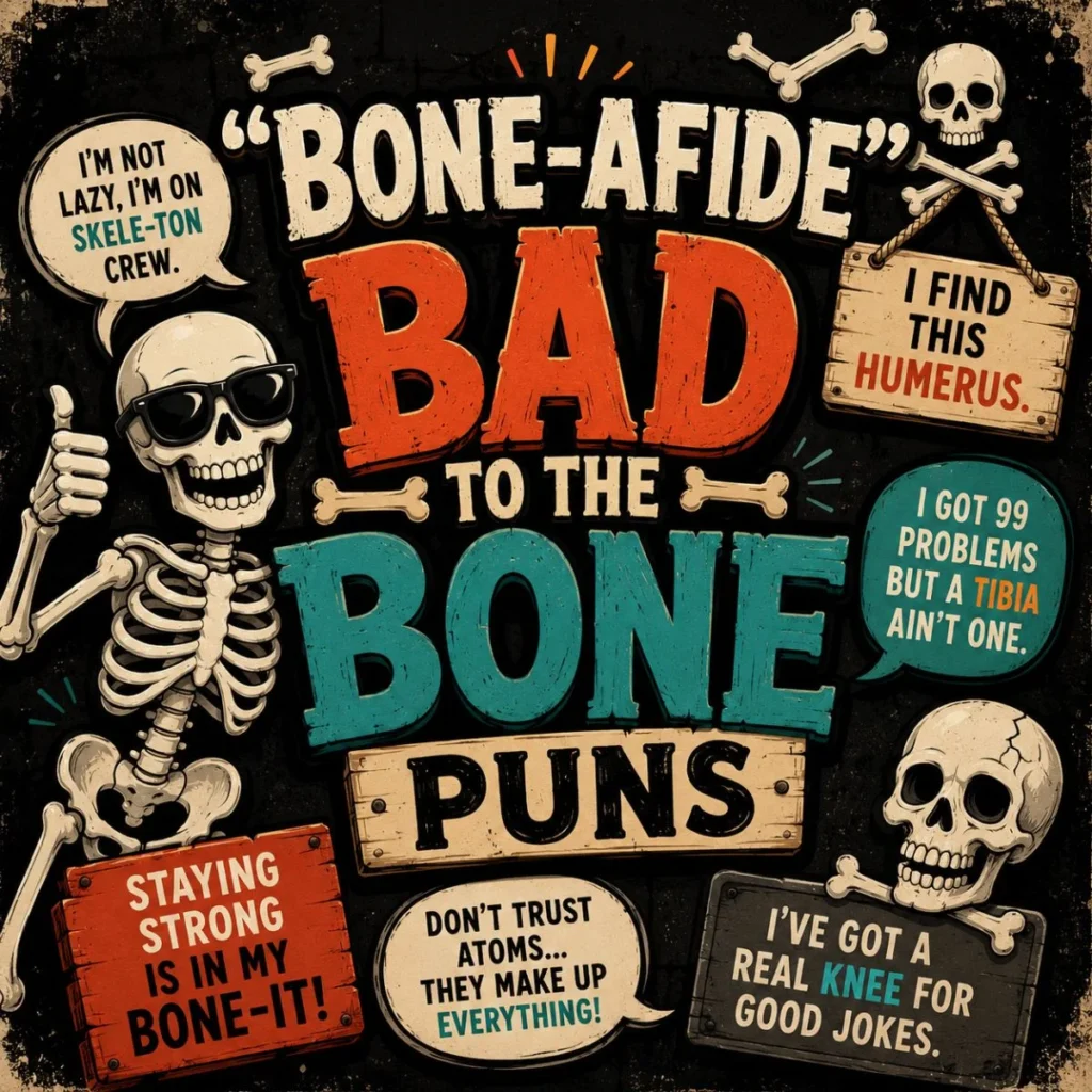 Funny bone puns poster with cartoon skeletons, skulls, and witty bad-to-the-bone jokes on a dark vintage background.