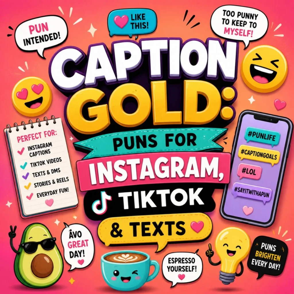 Colorful social media graphic featuring funny puns for Instagram, TikTok, and texts with emojis, speech bubbles, and playful captions.
