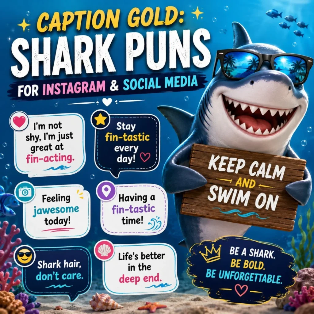 Shark puns social media graphic with funny fin-tastic captions and smiling shark underwater