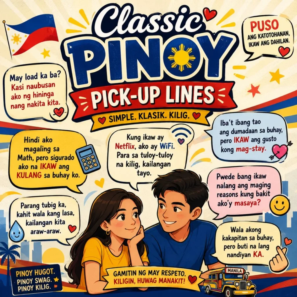 Classic Pinoy pick-up lines poster with a smiling Filipino couple, colorful speech bubbles, and funny romantic Tagalog banat.