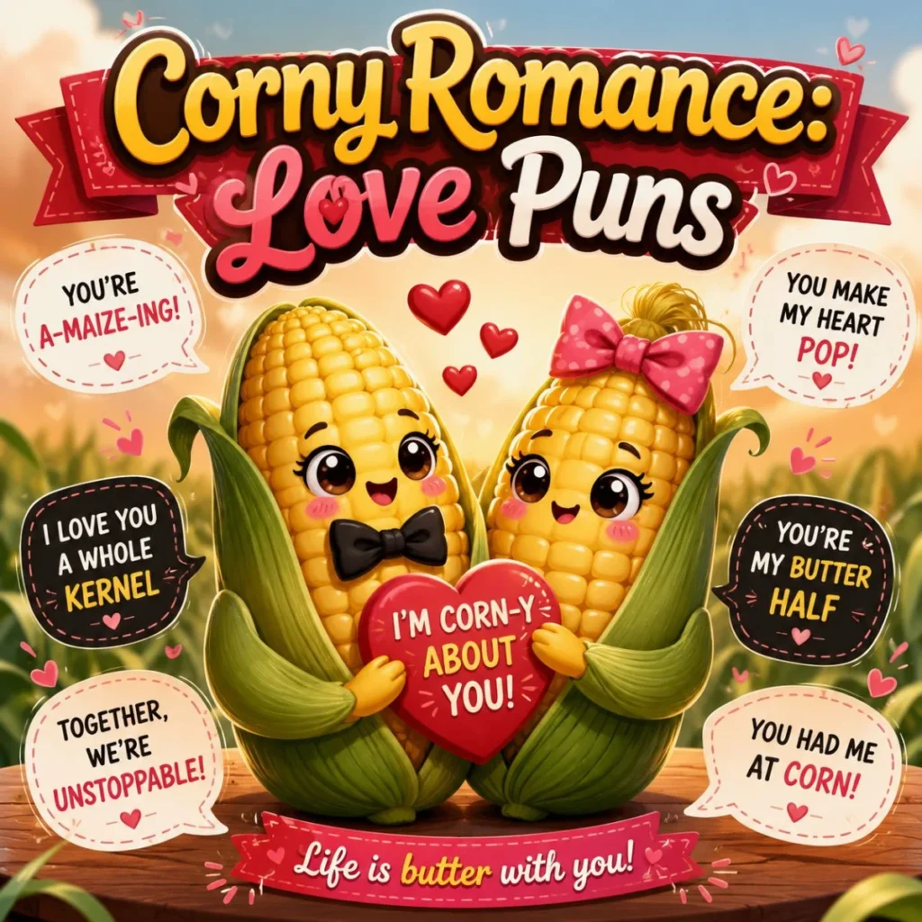 Cute cartoon corn couple holding a heart with funny love puns, surrounded by romantic speech bubbles and hearts.