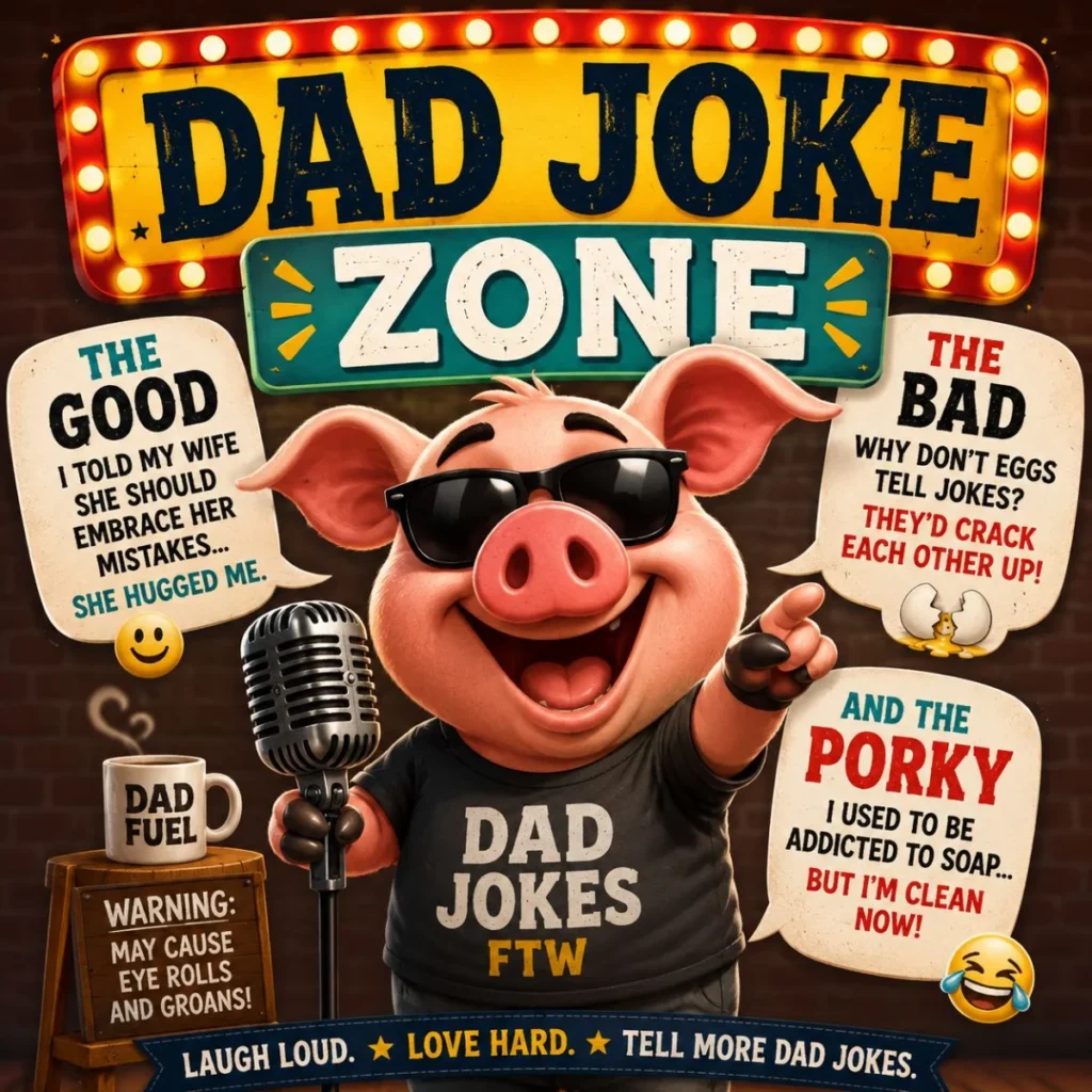 Cute cartoon pig performing dad jokes on stage with funny speech bubbles in a colorful comedy-themed poster.