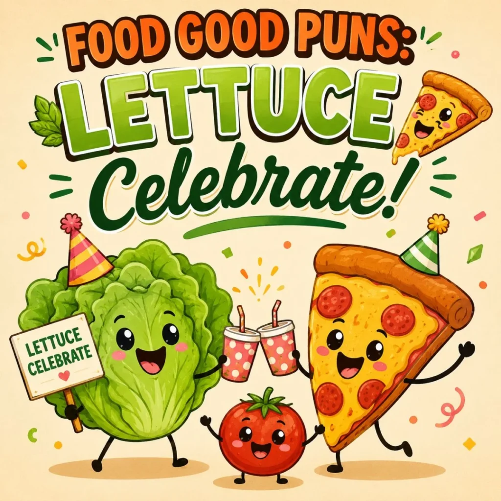 Cute cartoon lettuce and pizza celebrating with the food pun “Lettuce Celebrate!” in a colourful food puns illustration.