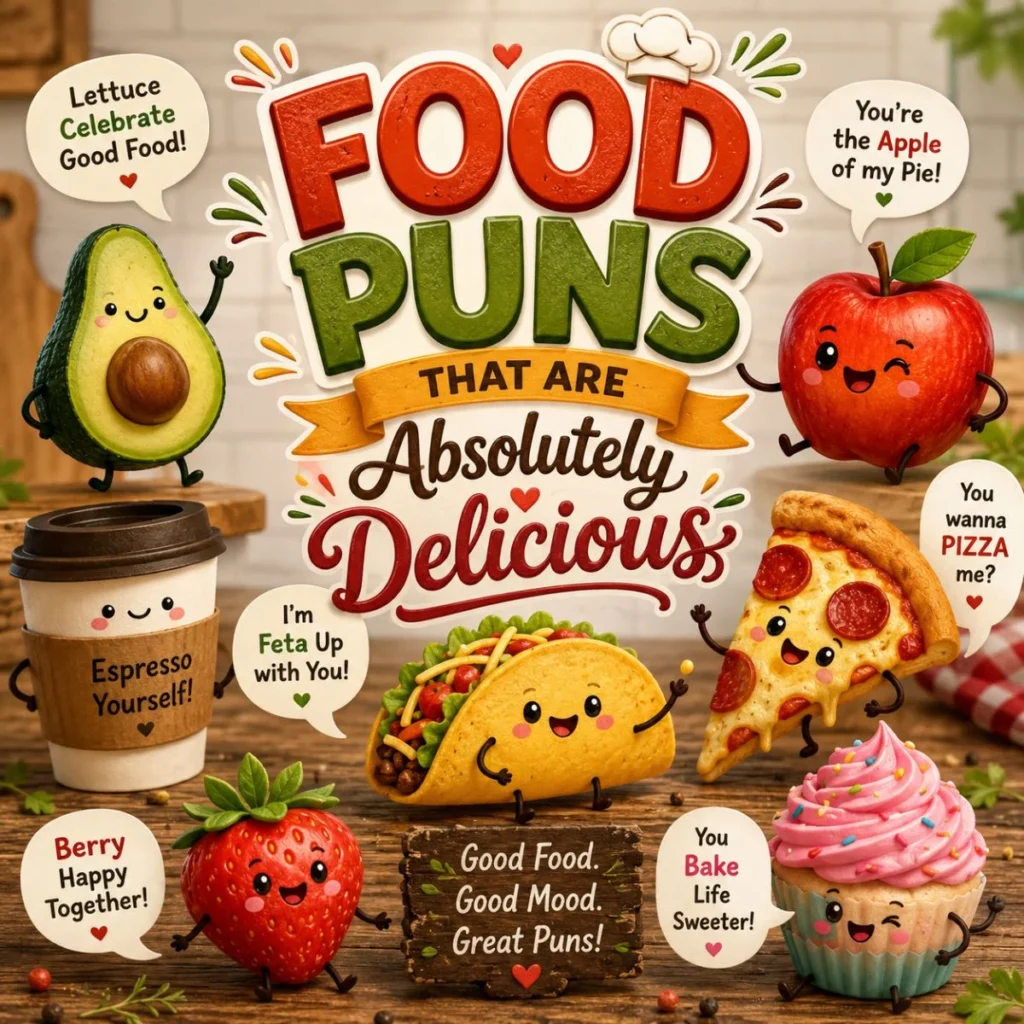 Cute illustrated food puns poster featuring smiling taco, pizza, avocado, coffee, cupcake, strawberry, and apple characters.