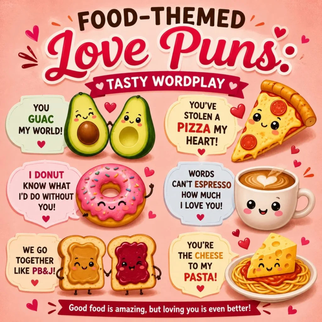 Cute food-themed love puns poster with smiling avocado, pizza, donut, coffee, PB&J, and cheesy pasta illustrations.