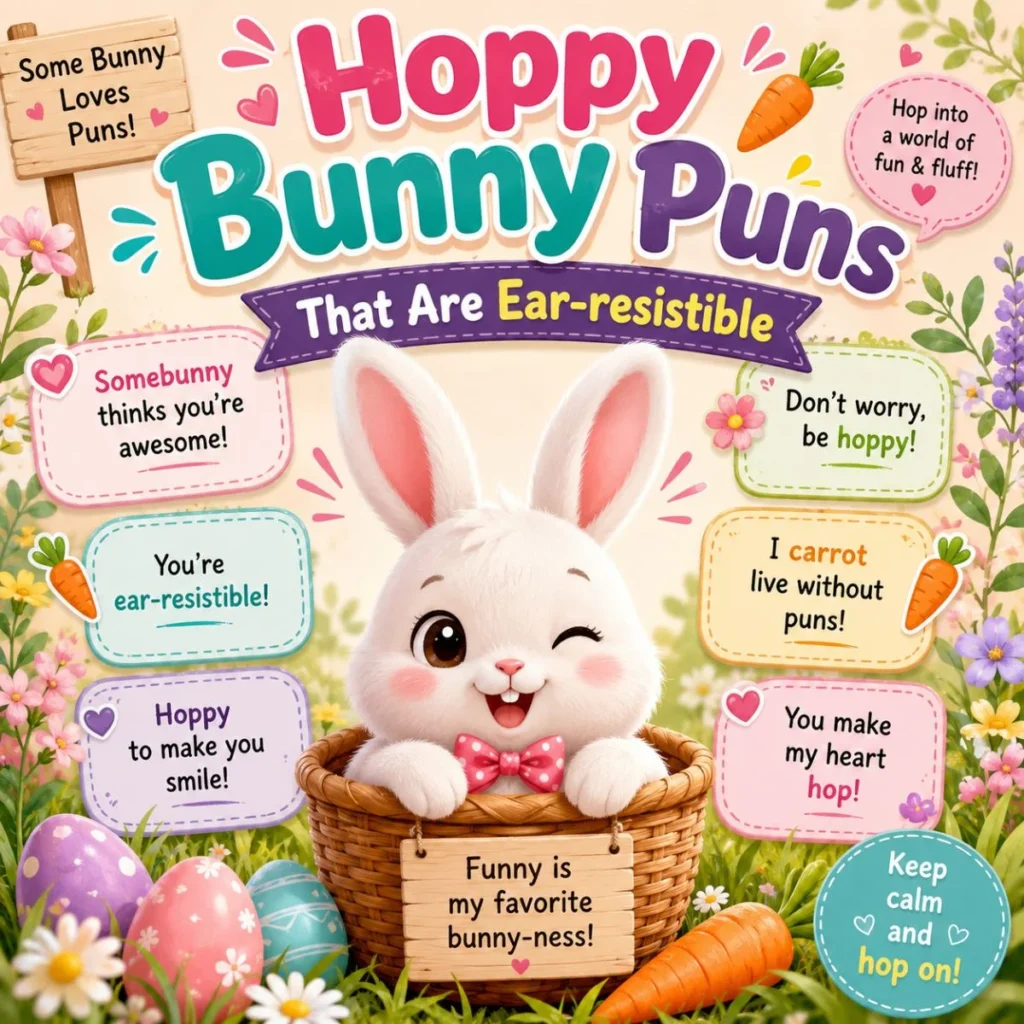 Cute bunny in a basket with colorful Easter eggs and funny bunny puns, featuring the title "Hoppy Bunny Puns That Are Ear-resistible".