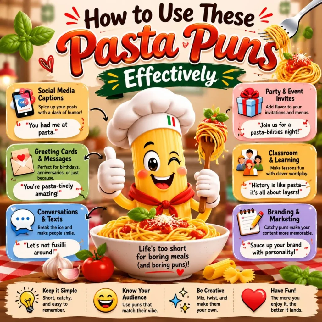 Colorful infographic showing how to use pasta puns effectively with social media, greeting card, classroom, and branding ideas.
