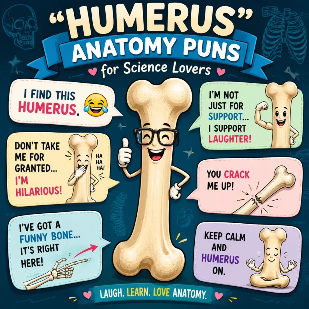 Cute cartoon humerus bone with funny anatomy puns and science humor for biology lovers and students.