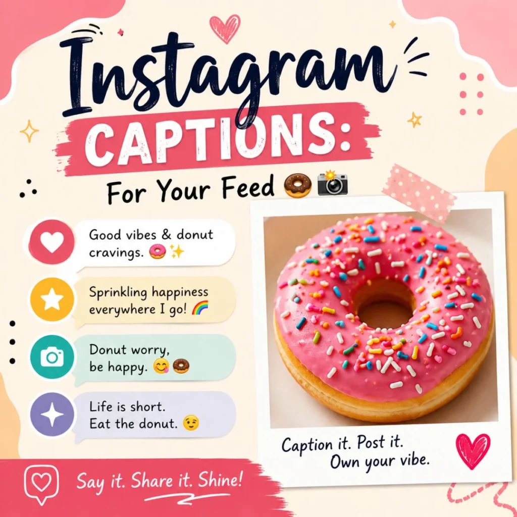 Colorful Instagram captions graphic with a pink sprinkled donut and fun social media quote ideas for engaging posts.