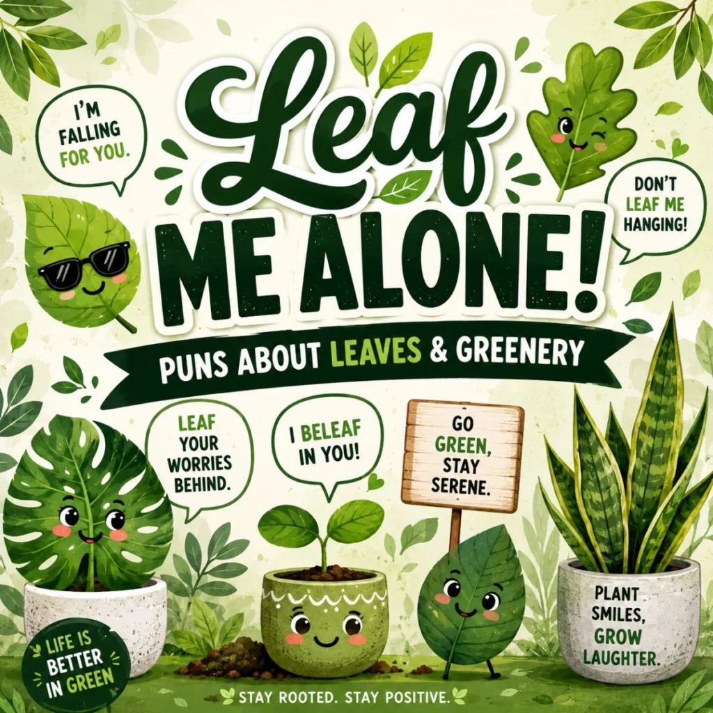 Cute illustrated poster featuring leaf puns, smiling plants, and funny greenery jokes with the headline "Leaf Me Alone!"