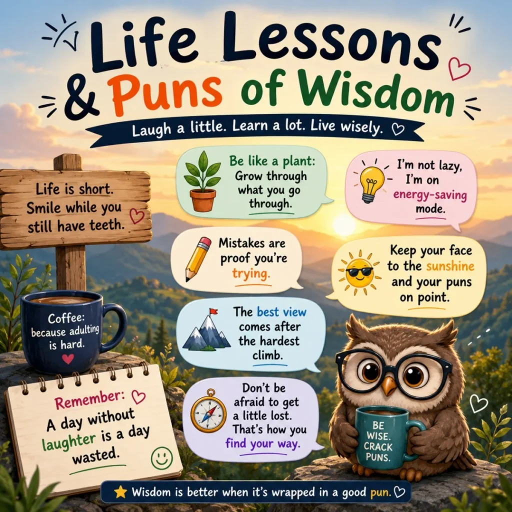 Life lessons and puns of wisdom illustration with a wise owl, motivational quotes, and funny inspirational sayings.
