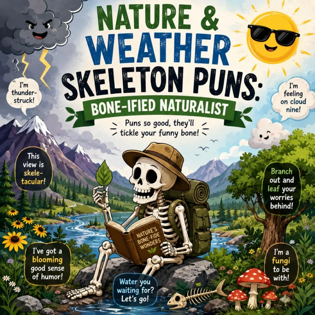 Cartoon skeleton hiker enjoying nature with funny weather and skeleton puns in a colorful mountain landscape illustration.