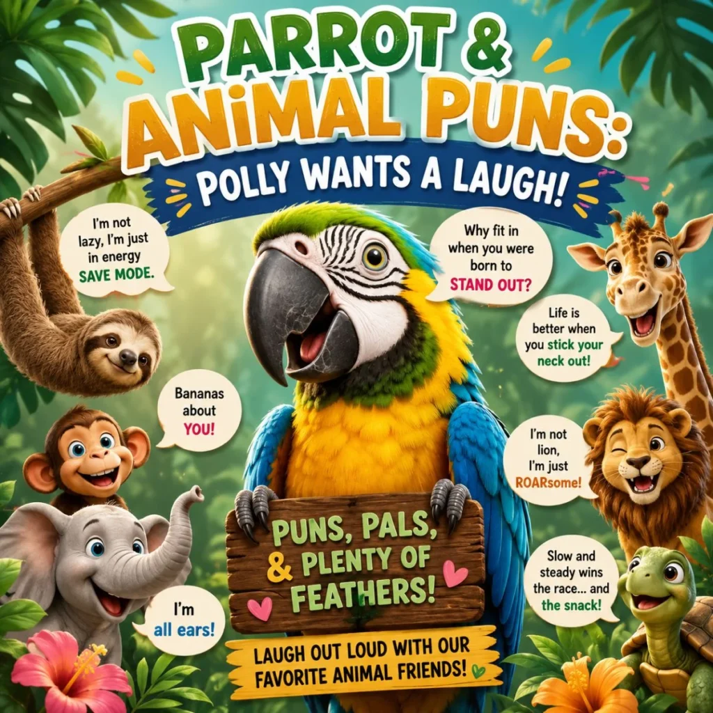 Colorful cartoon parrot with jungle animals sharing funny animal puns in a vibrant tropical illustration.