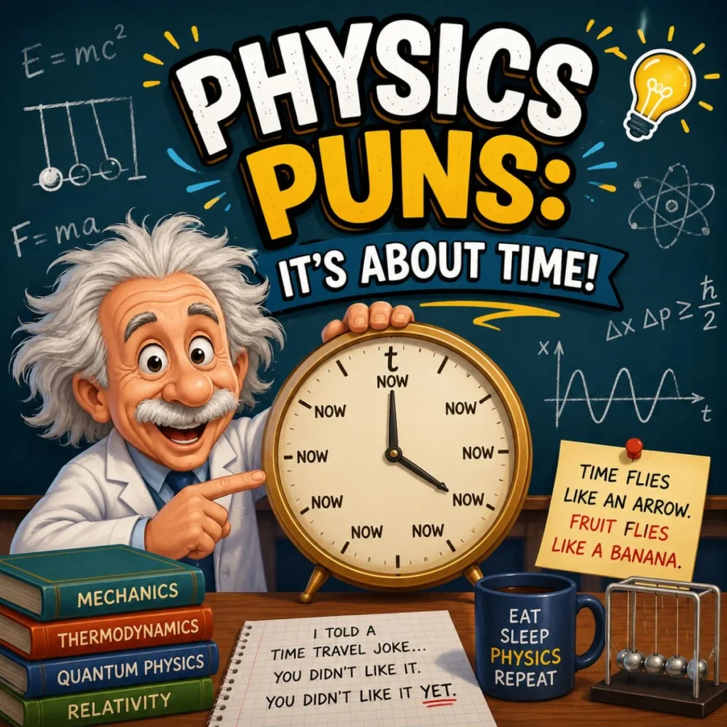 Funny physics puns illustration with Einstein-style scientist, clock, equations, and time travel jokes for science lovers