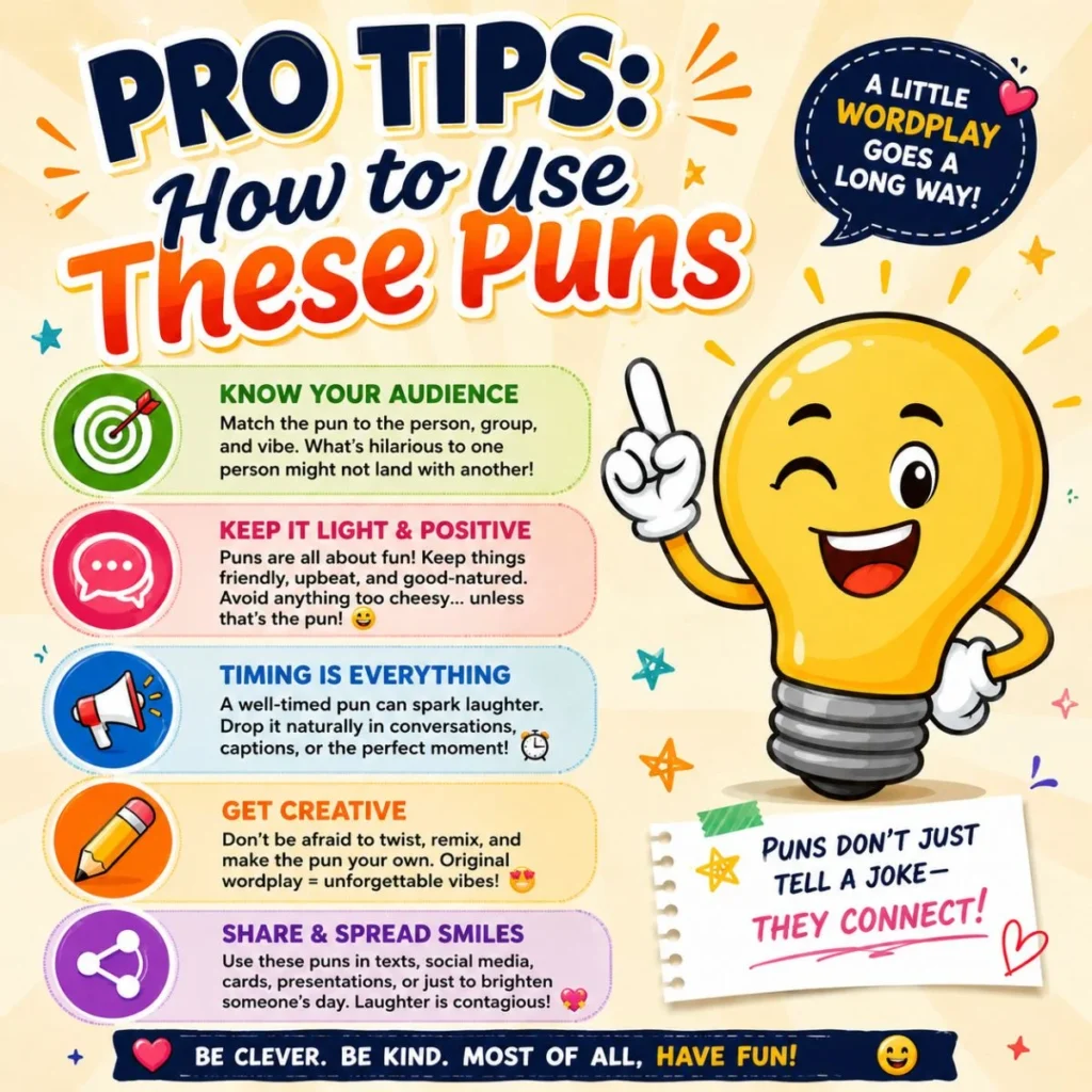 Colorful infographic with pro tips on using puns, featuring a smiling lightbulb mascot and practical wordplay advice.