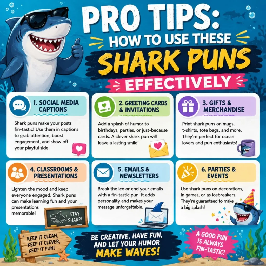 Pro tips infographic showing how to use shark puns for social media, cards, gifts, events, and more