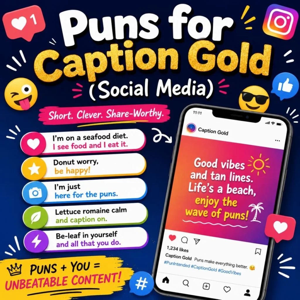Colorful social media graphic featuring funny caption puns, Instagram-inspired design, emojis, and share-worthy wordplay ideas.