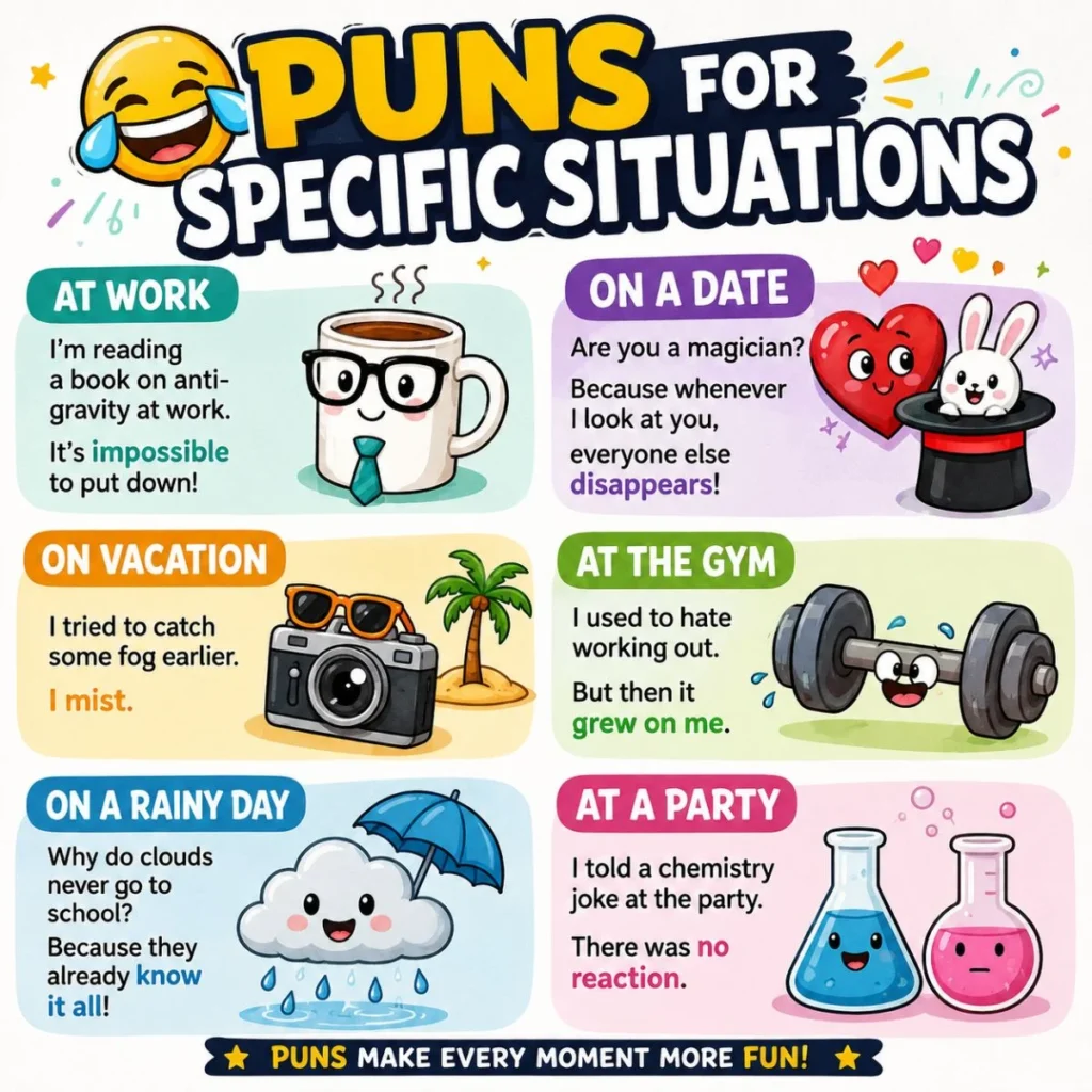 Colorful infographic of funny puns for specific situations including work, dates, parties, vacations, rainy days, and the gym.