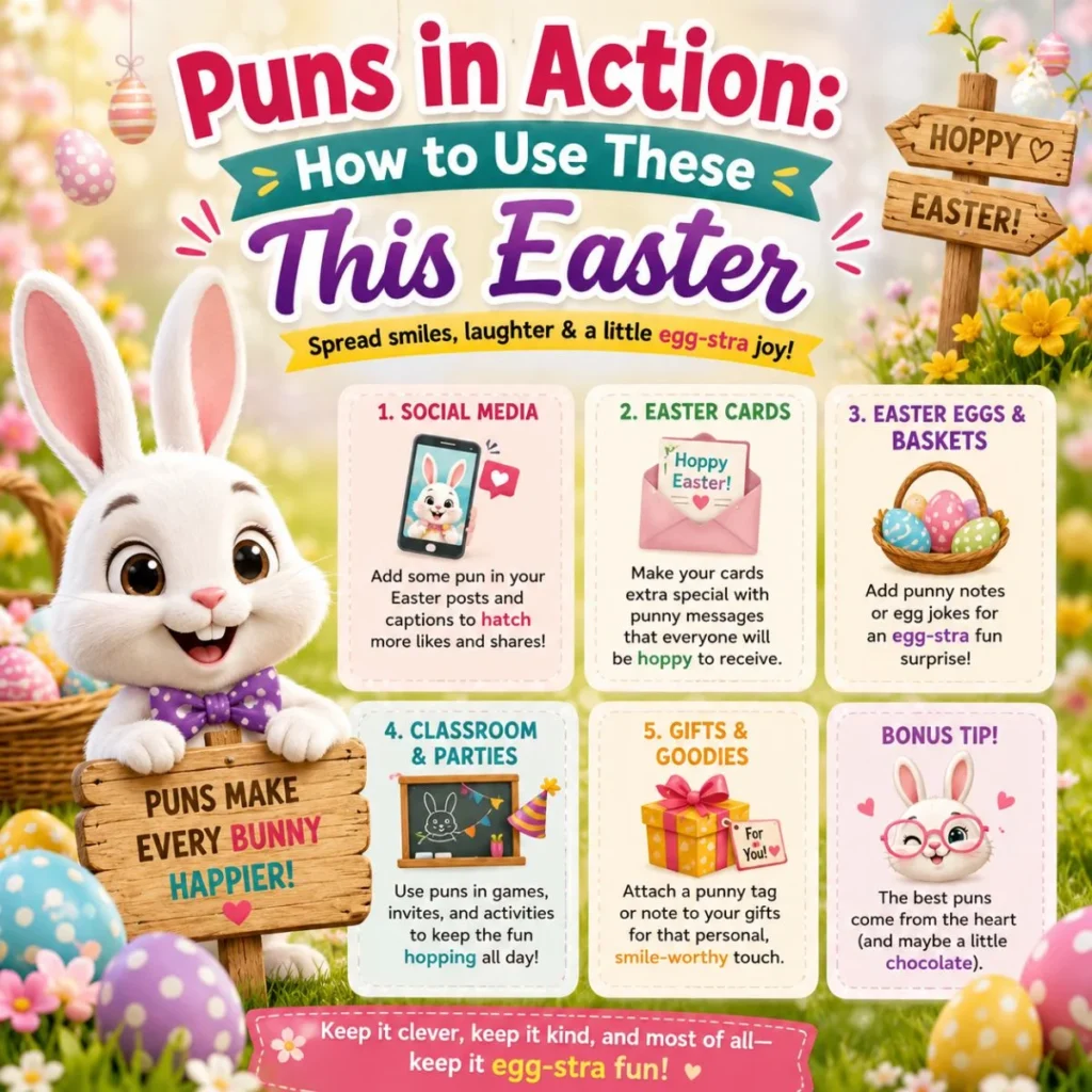 Cute Easter bunny infographic showing creative ways to use Easter puns on cards, social media, gifts, baskets, and parties.