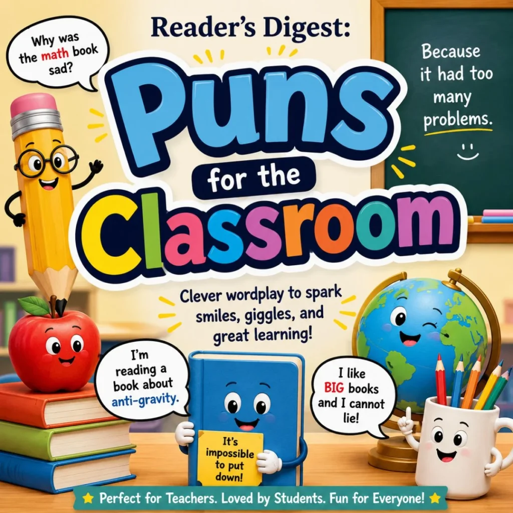 Reader's Digest classroom puns poster with colorful school supplies, funny book jokes, smiling globe, and playful learning theme.