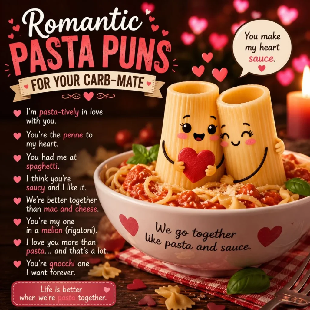 Cute romantic pasta puns illustration with smiling rigatoni, heart-shaped pasta bowl, and funny love quotes for couples