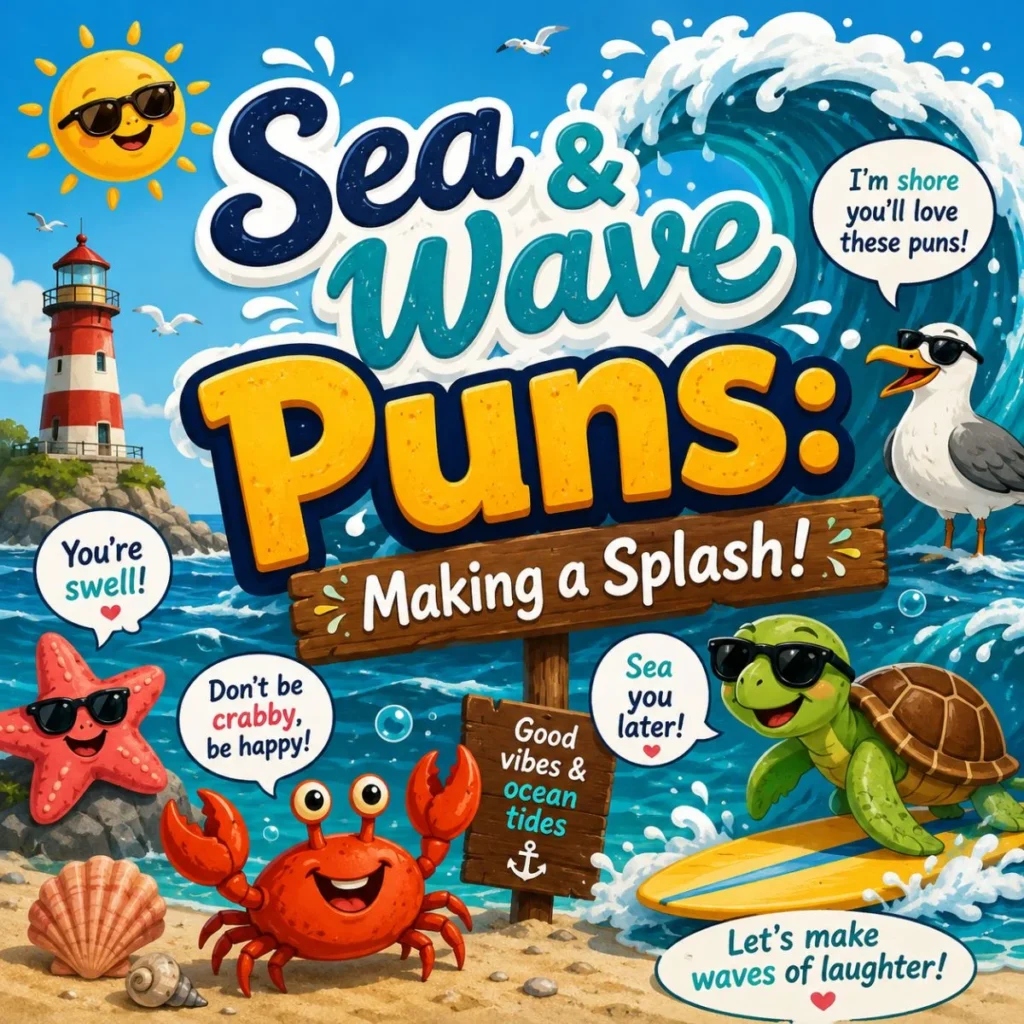 Cute sea and wave puns illustration with smiling ocean animals, surfing turtle, crab, lighthouse, and colorful beach humor.