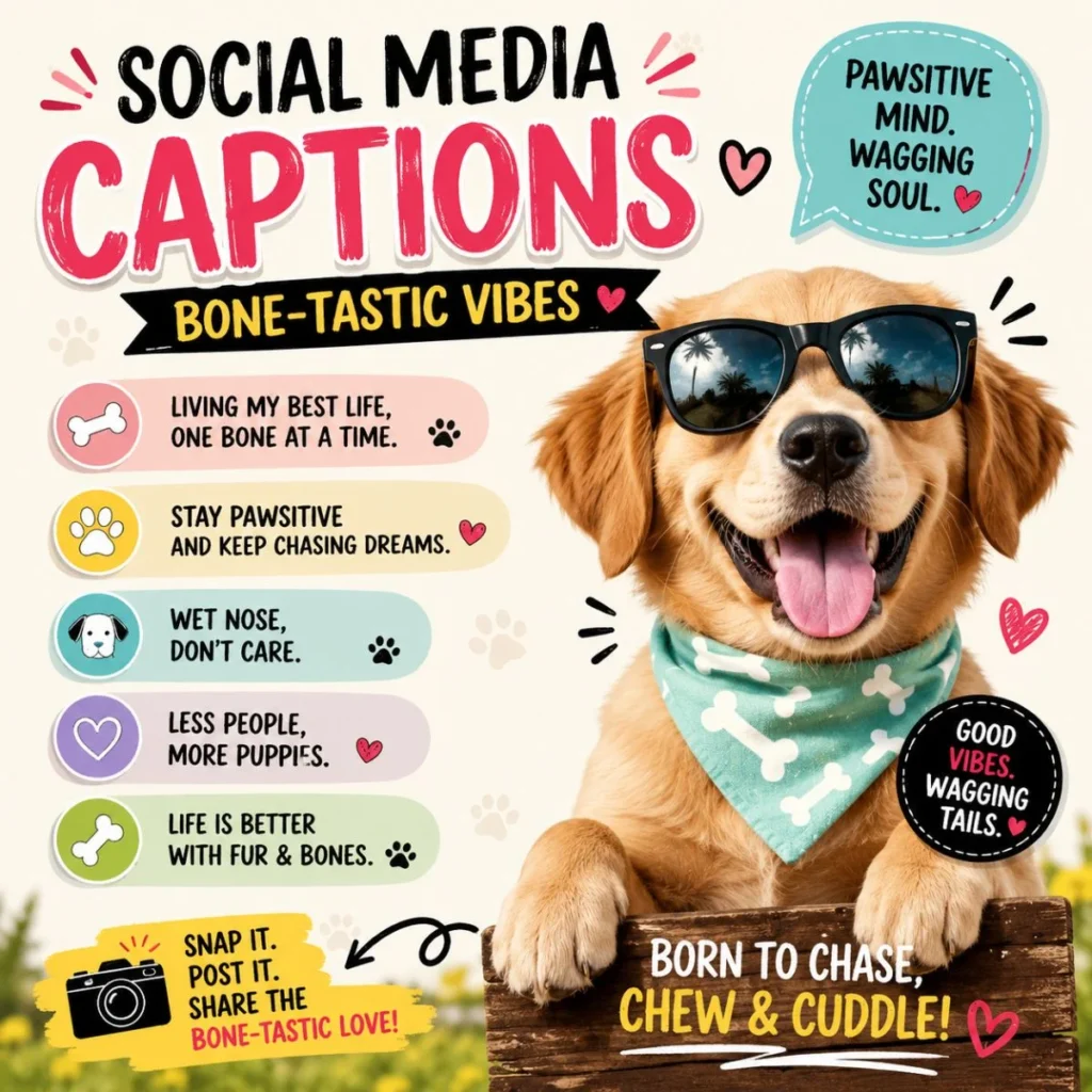 Happy golden retriever with sunglasses and bone bandana featuring bone-tastic social media captions for dog lovers.