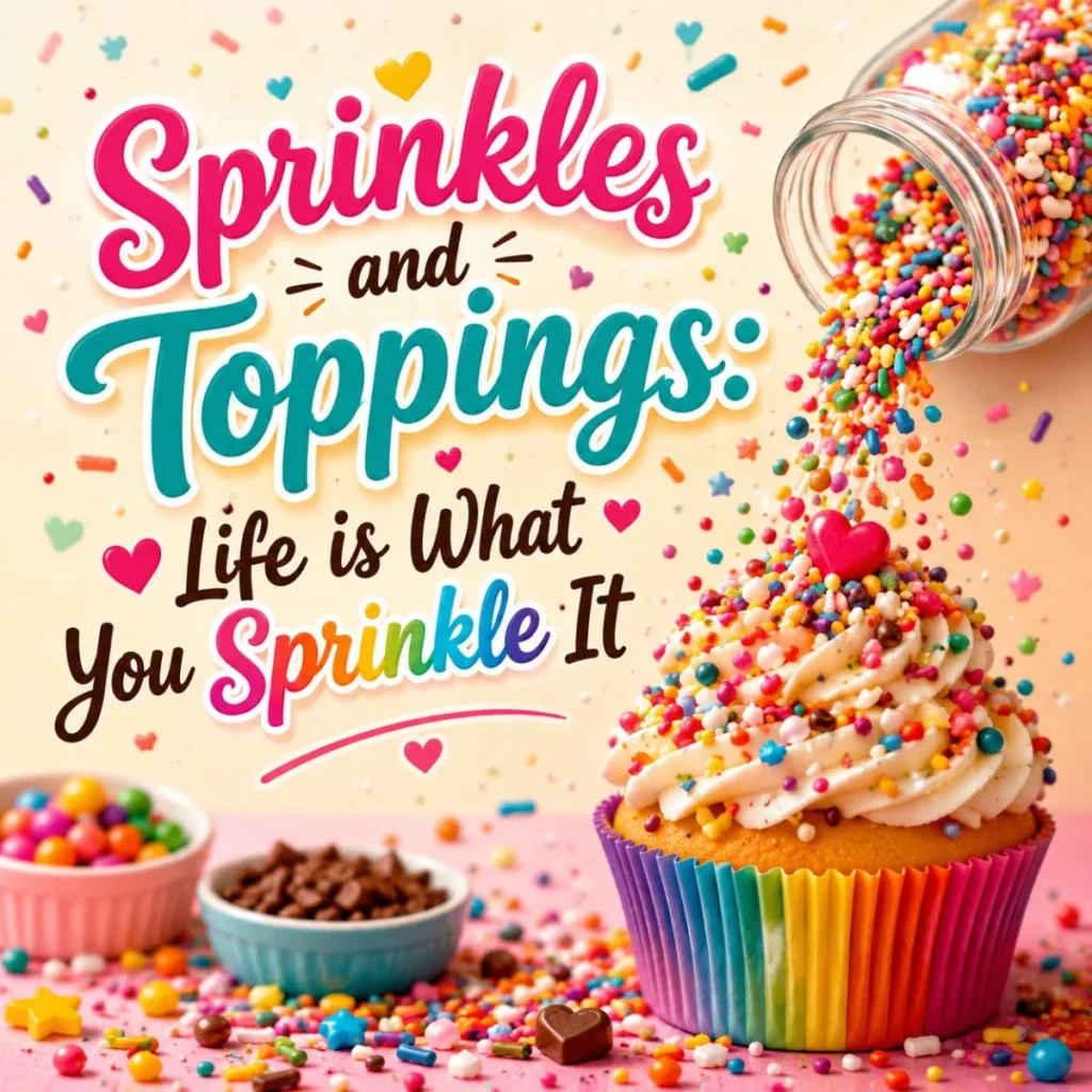Colorful cupcake with rainbow sprinkles and toppings featuring the quote “Life Is What You Sprinkle It” on a cheerful background.