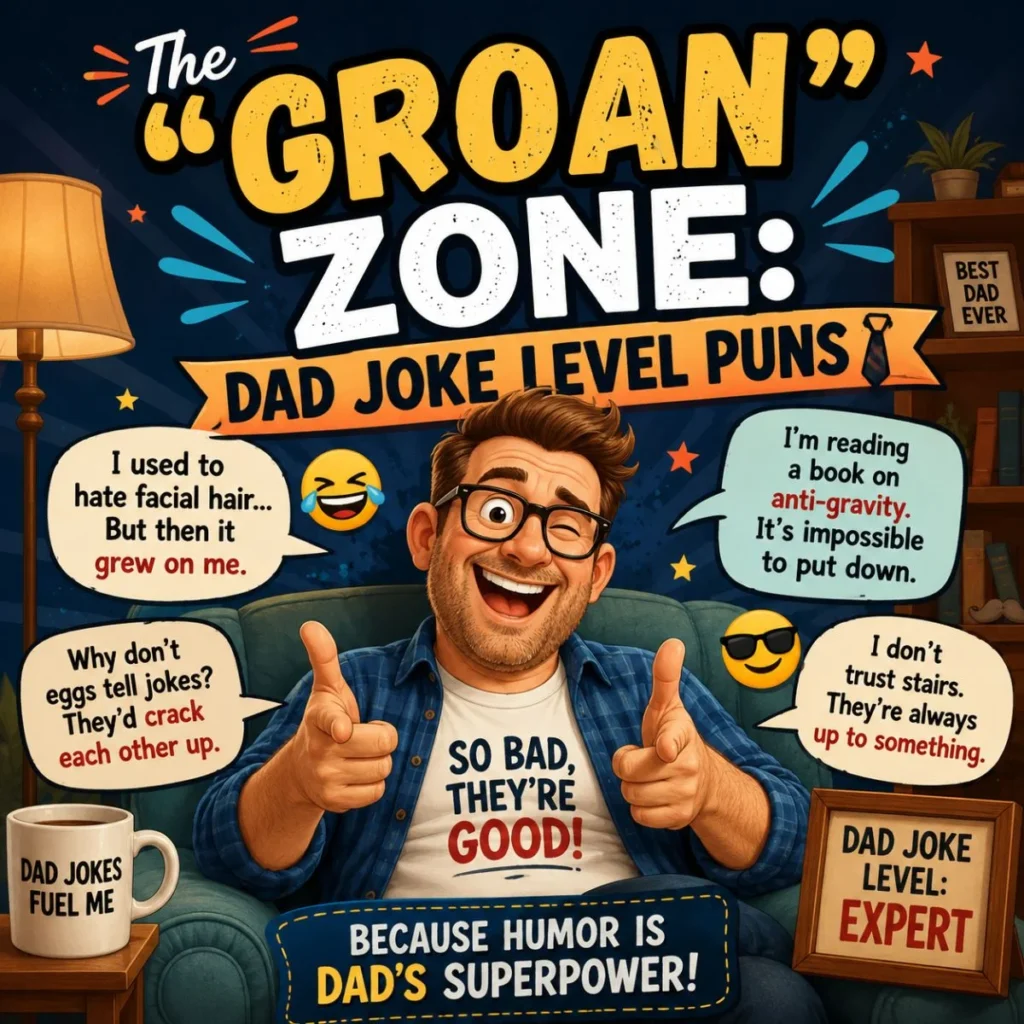 The Groan Zone dad joke level puns poster with smiling dad, funny one-liners, speech bubbles, and a playful cartoon design.
