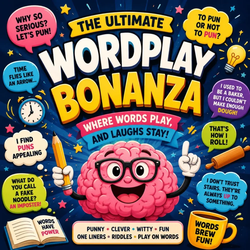 Colorful cartoon brain with funny wordplay quotes celebrating clever puns, witty jokes, and playful language humor.