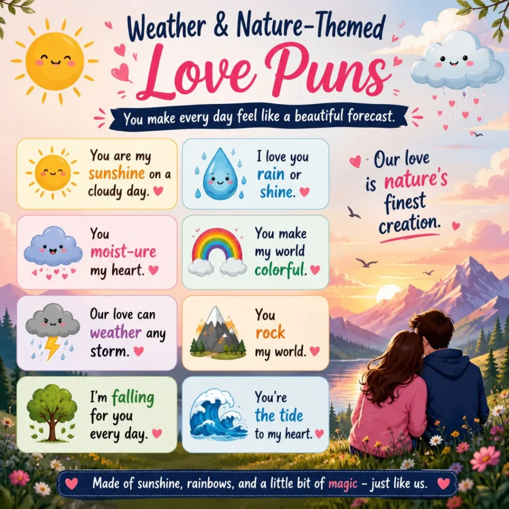 Weather and nature-themed love puns poster with cute sun, rainbow, clouds, mountains, and romantic couple illustration.