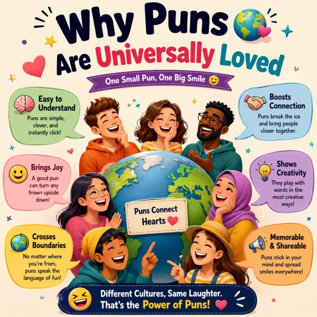 Colorful infographic explaining why puns are universally loved with diverse people smiling around a globe and fun wordplay benefits.