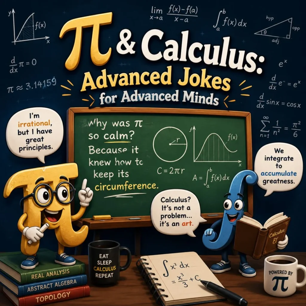 Colorful cartoon poster featuring π and calculus characters with advanced math jokes, formulas, and a classroom chalkboard.