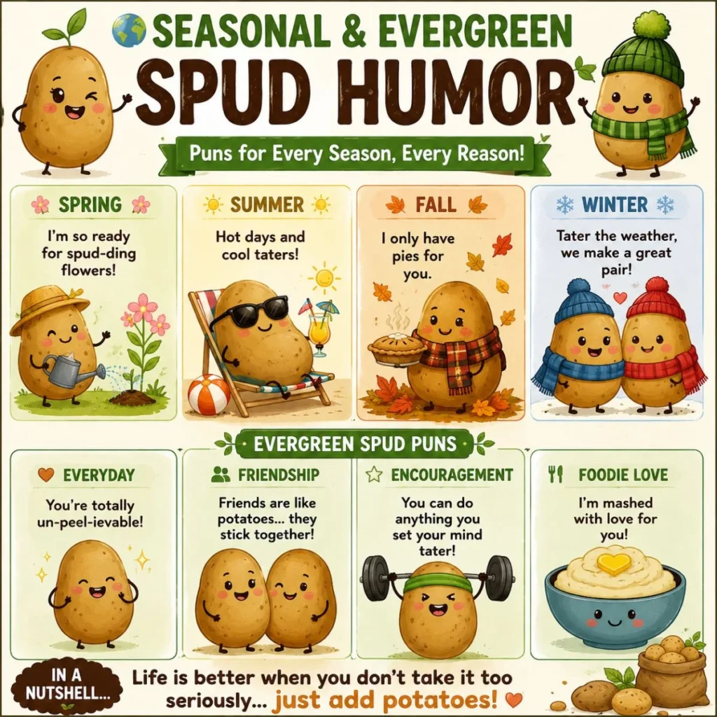 Cute seasonal and evergreen potato puns infographic with cartoon spuds sharing funny jokes for spring, summer, fall, and winter.