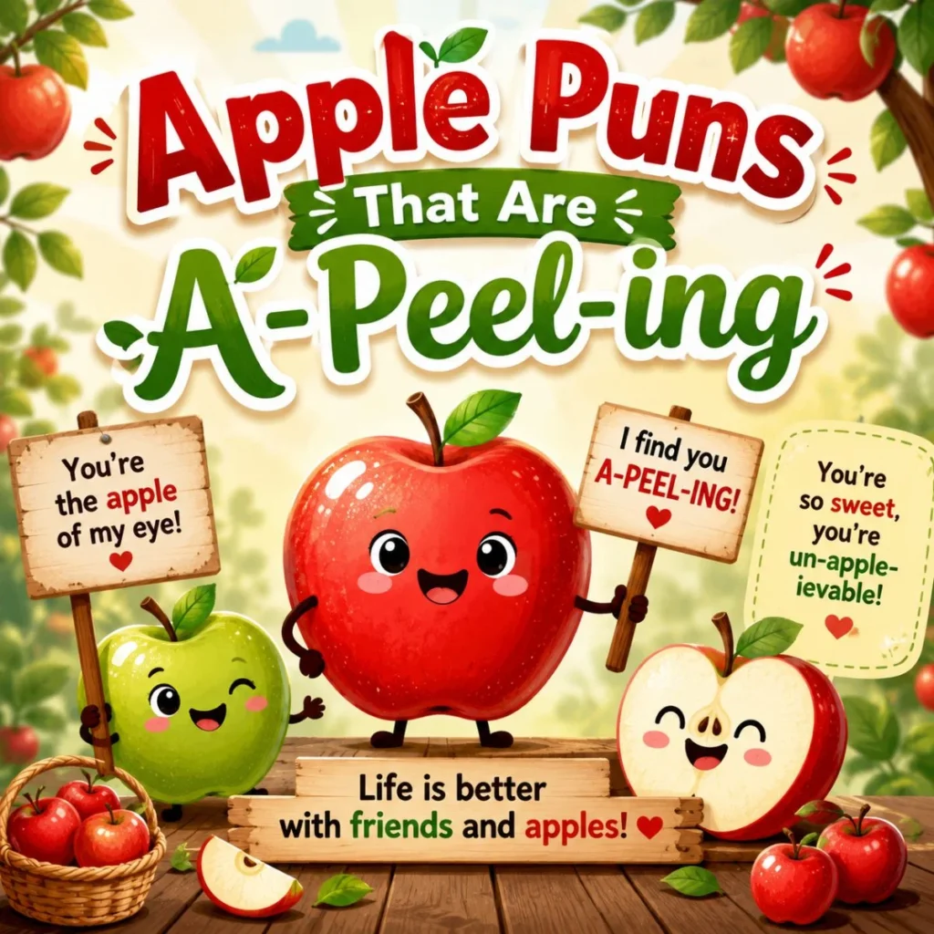 Cute cartoon apples holding funny signs with apple puns in a colorful orchard, featuring the phrase “Apple Puns That Are A-Peel-ing.”