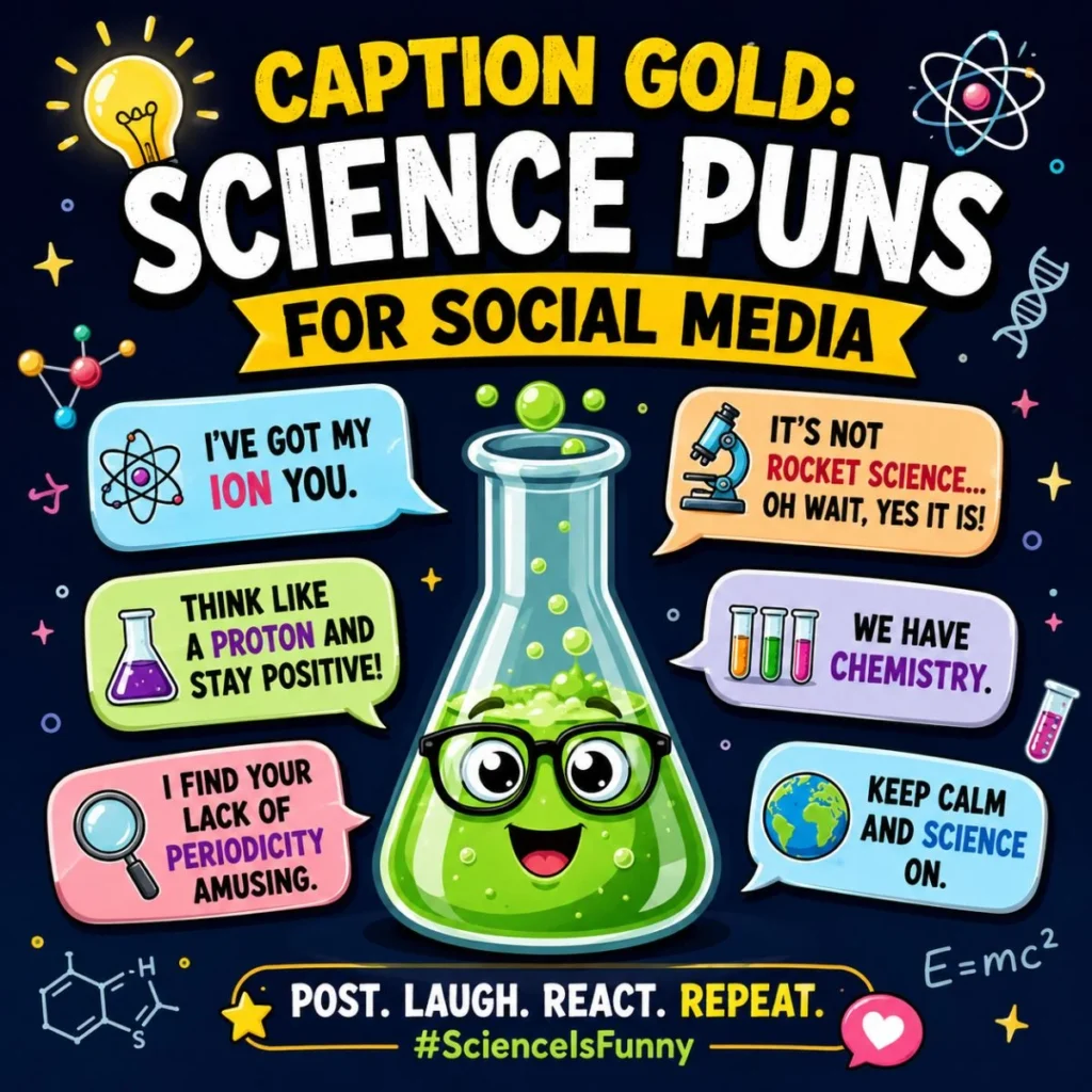 Colorful science puns infographic with a smiling chemistry flask and funny STEM captions for social media posts.