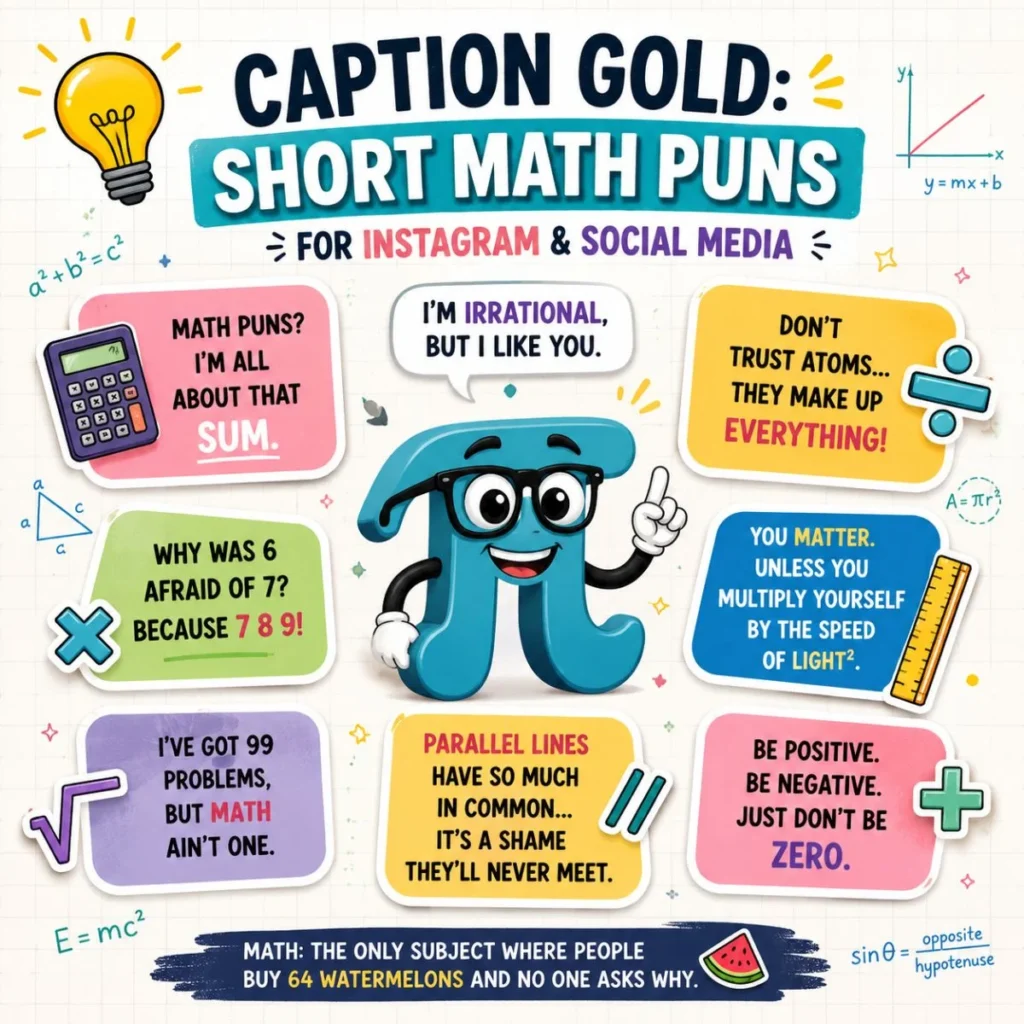Colorful math puns infographic with cartoon Pi character and funny Instagram-worthy math jokes for social media.