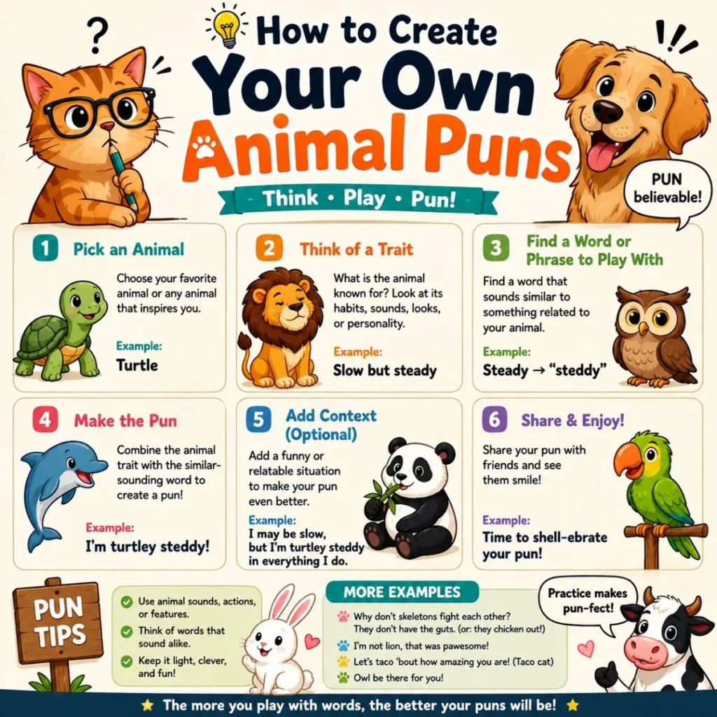 Colorful infographic showing how to create your own animal puns with cute animals, simple steps, and funny wordplay examples.
