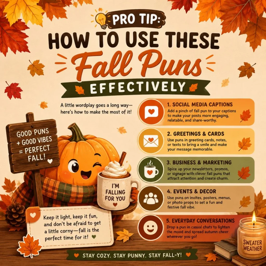 Cozy autumn infographic with pumpkin, fall leaves, and pro tips for using fall puns effectively on social media and cards.