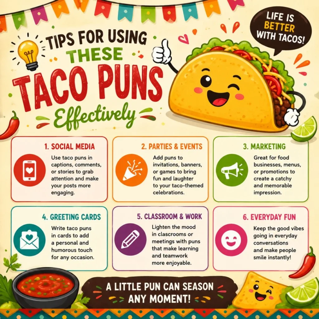 Colorful infographic with cartoon taco and tips for using taco puns effectively on social media, parties, marketing, and more.