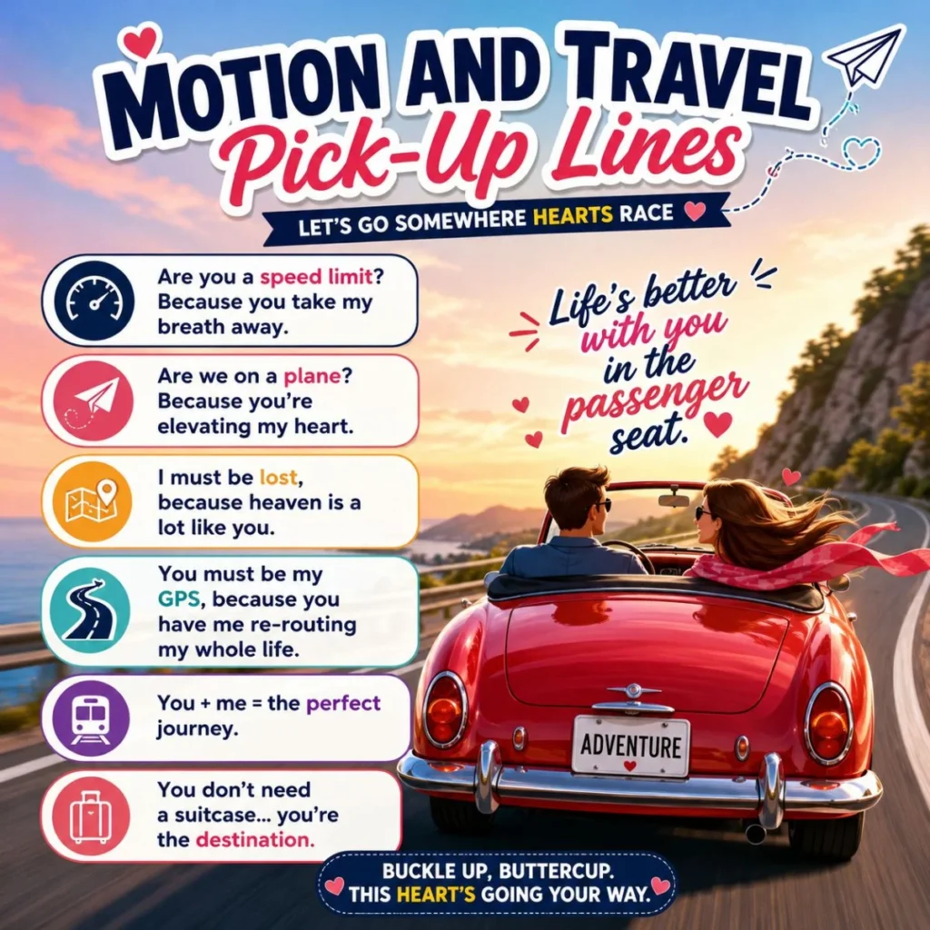 Motion and travel pick-up lines poster featuring a couple in a red convertible on a scenic coastal road with romantic travel quotes.