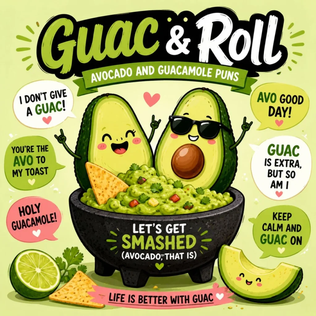 Cute cartoon avocados in a bowl of guacamole with funny avocado puns and colorful typography on a vibrant green background.