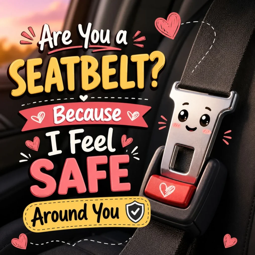 Cute seatbelt-themed pickup line illustration saying "Are You a Seatbelt? Because I Feel Safe Around You" with a smiling buckle.