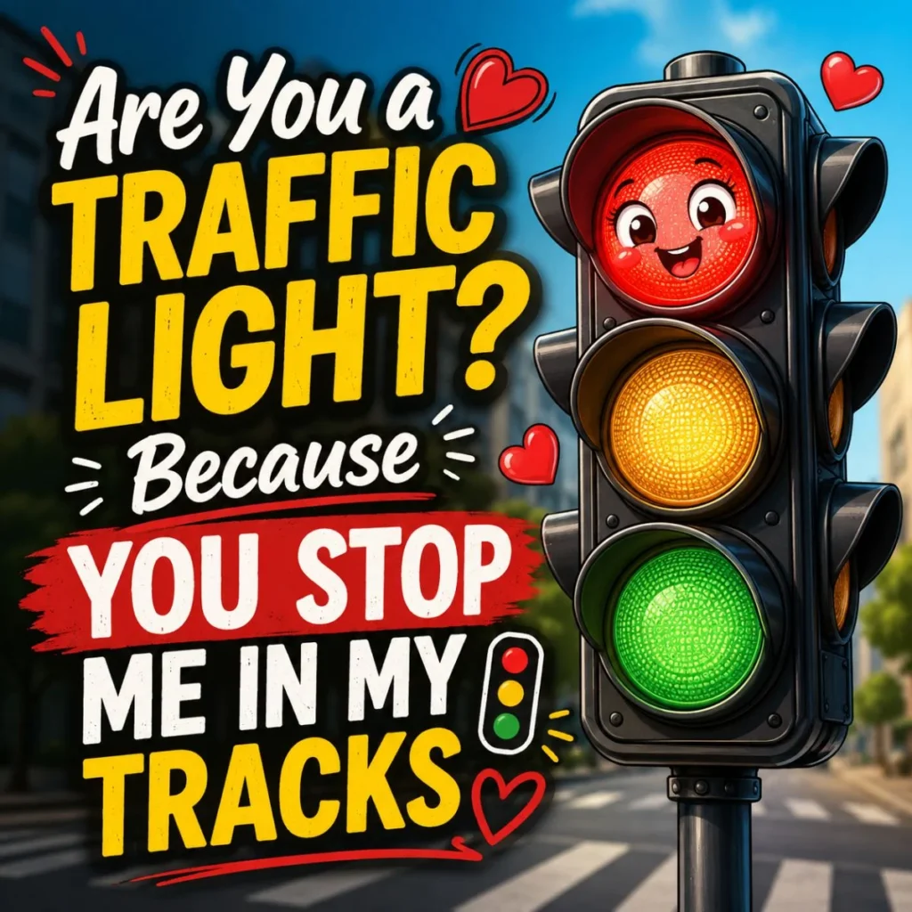 Cute cartoon traffic light with a flirty pickup line, “You Stop Me in My Tracks,” on a colorful city street background.