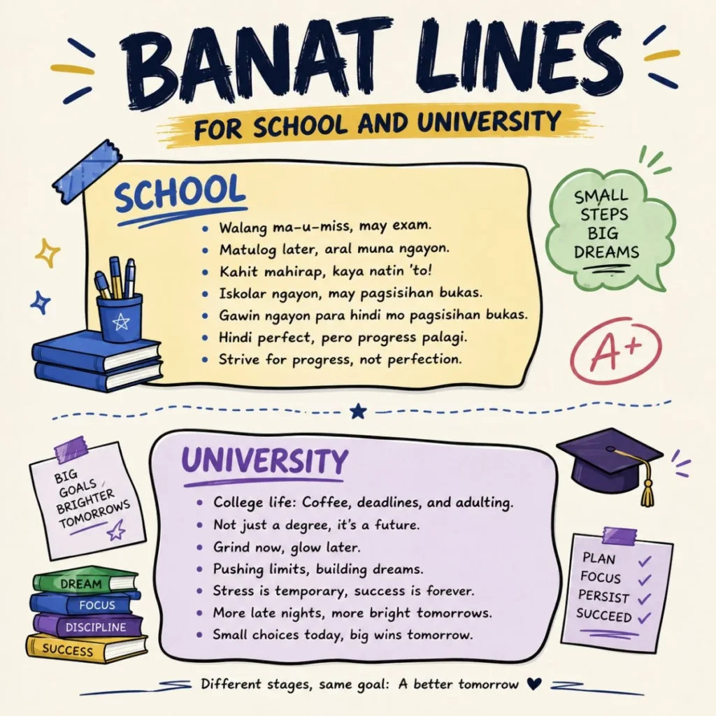 Colorful Banat Lines for School and University poster featuring funny student quotes, classroom themes, and academic humour.