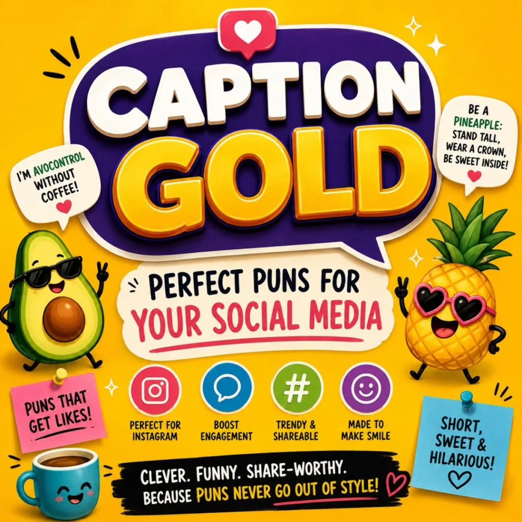 Caption Gold social media puns poster with funny avocado and pineapple characters, Instagram icons, and colorful typography