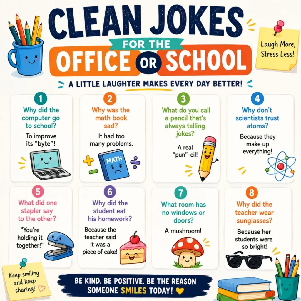 Colorful clean jokes poster for the office or school featuring funny classroom and workplace jokes with cute cartoon illustrations.