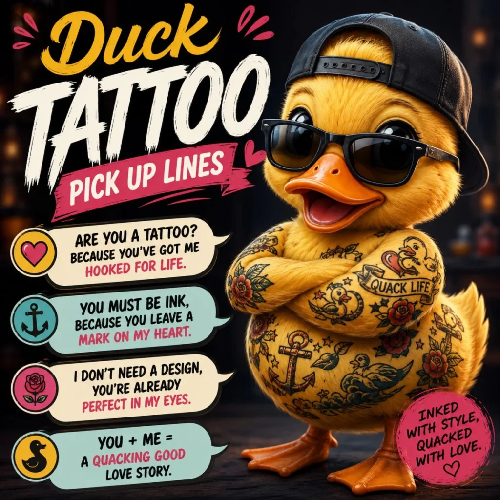Cute tattooed duck wearing sunglasses with funny duck tattoo pick up lines in a colorful cartoon design.